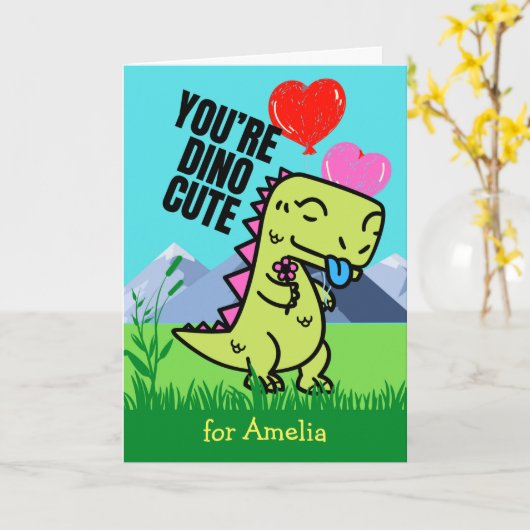 Valentijnsdag voor kleindochter Cute Dinosaur Kaart (Gele Bloem)