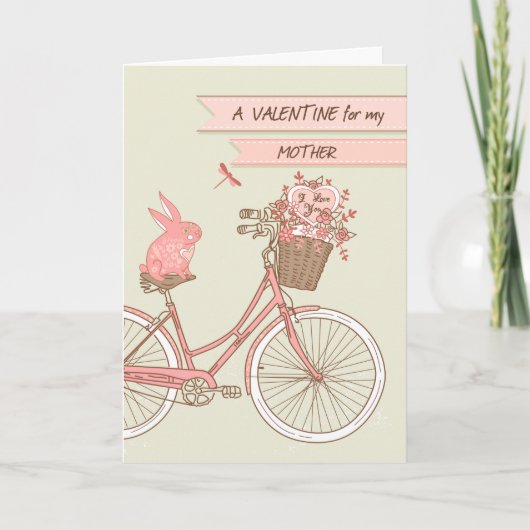 Valentijnsdag voor Moeder, Fiets, Roze Konijn Feestdagen Kaart (Voorkant)