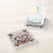 Valentijnsdag Ware Liefde Penquins op de schommel Glazen Onderzetter (Schuin)