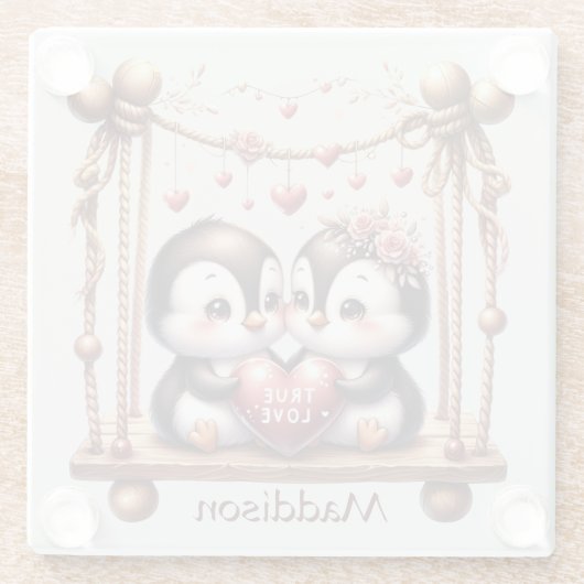 Valentijnsdag Ware Liefde Penquins op de schommel Glazen Onderzetter (Achterkant)