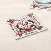 Valentijnsdag Ware Liefde Penquins op de schommel Kartonnen Onderzetters (Schuin)