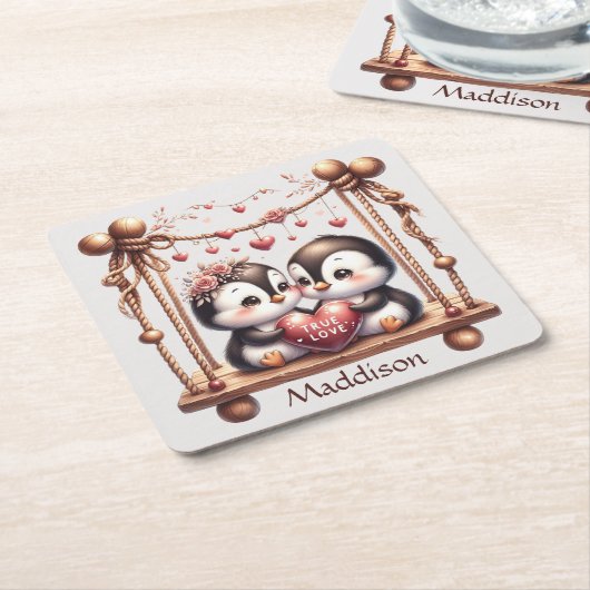 Valentijnsdag Ware Liefde Penquins op de schommel Kartonnen Onderzetters (Schuin)
