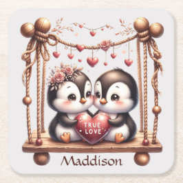 Valentijnsdag Ware Liefde Penquins op de schommel Kartonnen Onderzetters