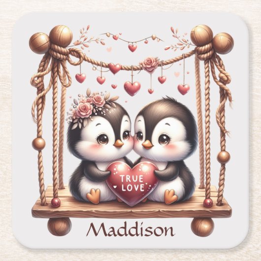 Valentijnsdag Ware Liefde Penquins op de schommel Kartonnen Onderzetters (Voorkant)
