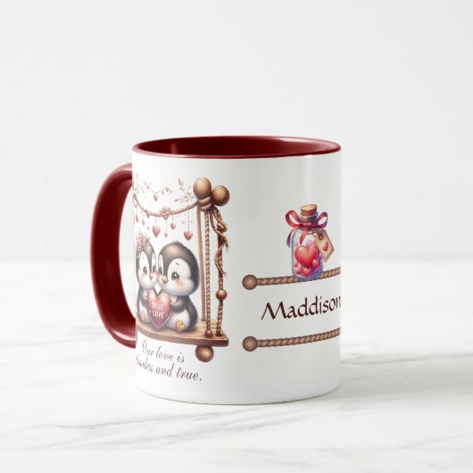 Valentijnsdag Ware Liefde Penquins op de schommel Mok (Voorkant links)