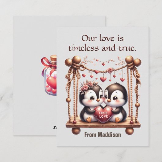 Valentijnsdag Ware Liefde Pinguïns op de schommel Feestdagenkaart (Voorkant / Achterkant)
