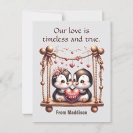 Valentijnsdag Ware Liefde Pinguïns op de schommel Feestdagenkaart