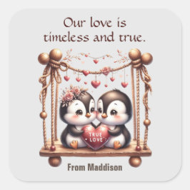 Valentijnsdag Ware Liefde Pinguïns op de schommel Vierkante Sticker