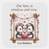 Valentijnsdag Ware Liefde Pinguïns op de schommel Vierkante Sticker (Voorkant)