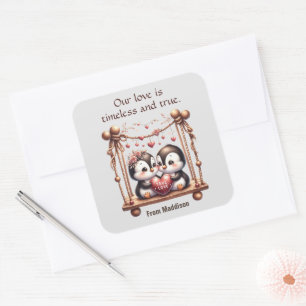 Valentijnsdag Ware Liefde Pinguïns op de schommel Vierkante Sticker