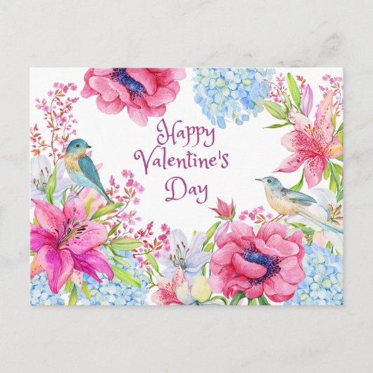 Valentijnsdag Waterverf  bloemen, vogels Briefkaart (Voorkant)