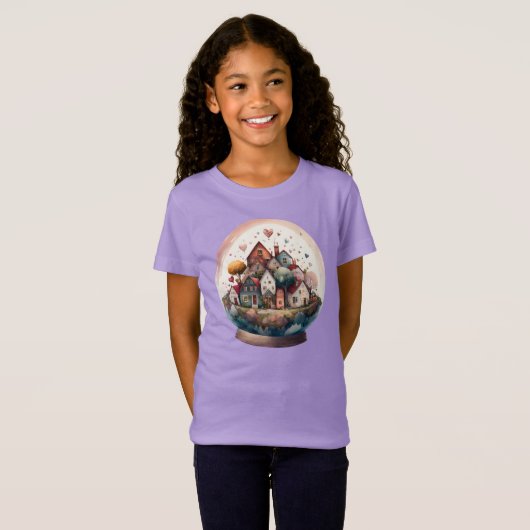 Valentijnsdag Waterverf dorp Snowglobe T-shirt (Voorkant volledig)