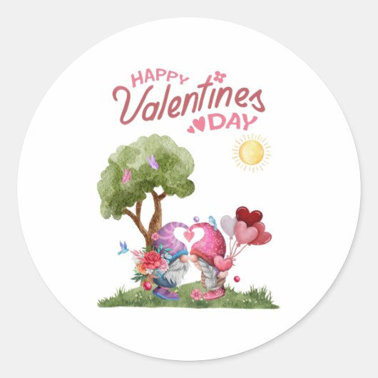 Valentijnsdag Waterverf Gnome paar Ronde Sticker (Voorkant)