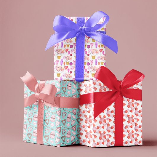 Valentijnsdag Waterverf Harten Cupcakes ballon Inpakpapier Vel