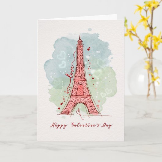Valentijnsdag Waterverf Sketchy Doodle Eiffel Kaart (Gele Bloem)