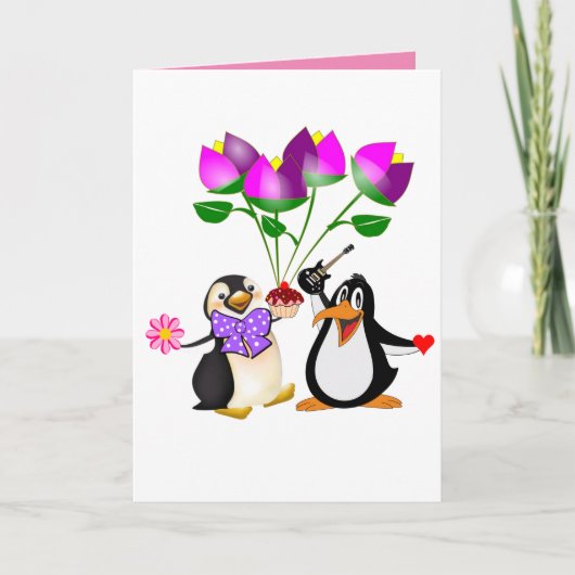 Valentijnsdag Wenskaart Penguin Floral Feestdagen Kaart (Voorkant)