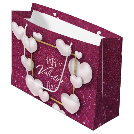 Valentijnsdag White Heart Glitter Large Gift Bag Cadeautasje (Voorkant Gekanteld)