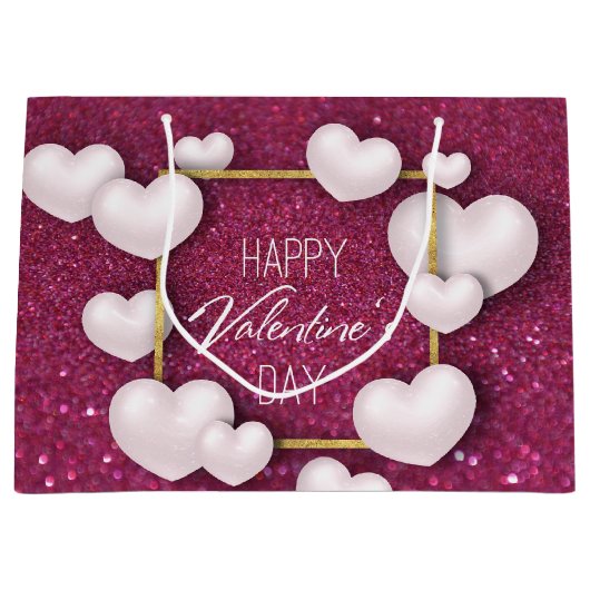 Valentijnsdag White Heart Glitter Large Gift Bag Large Cadeautasje (Voorkant)