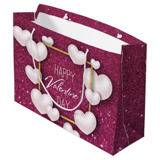 Valentijnsdag White Heart Glitter Large Gift Bag Large Cadeautasje (Achterkant Gekanteld)