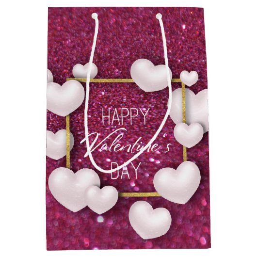 Valentijnsdag White Heart Glitter Medium Gift Bag Cadeauzakje (Voorkant)
