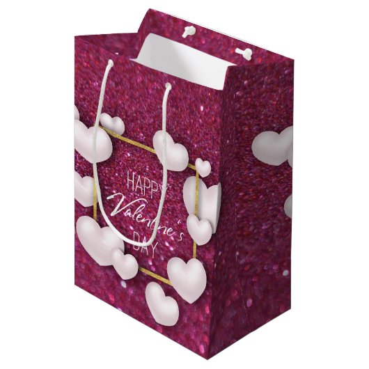Valentijnsdag White Heart Glitter Medium Gift Bag Cadeauzakje (Voorkant Gekanteld)
