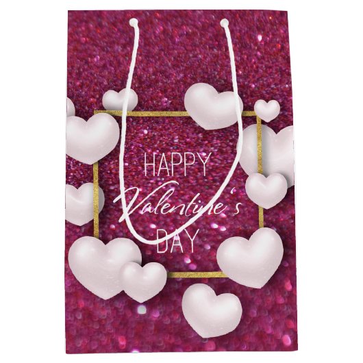 Valentijnsdag White Heart Glitter Medium Gift Bag Medium Cadeauzakje (Voorkant)