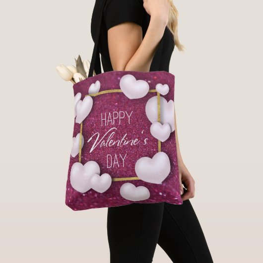 Valentijnsdag White Hearts Glitter - Canvas tas (Dichtbij)
