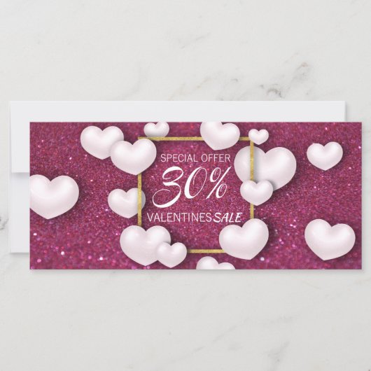 Valentijnsdag White Hearts Glitter Discount Kaart (Voorkant)