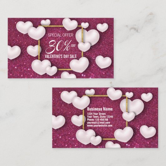 Valentijnsdag White Hearts Glitter Kortingskaartje (Voorkant / Achterkant)