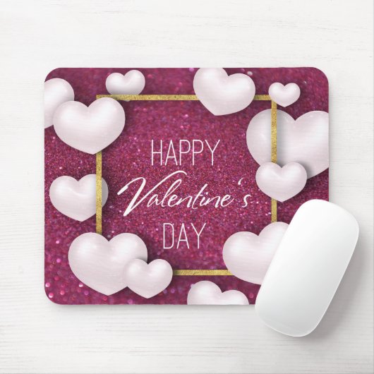 Valentijnsdag White Hearts Glitter - Mousepad Muismat (Met muis)