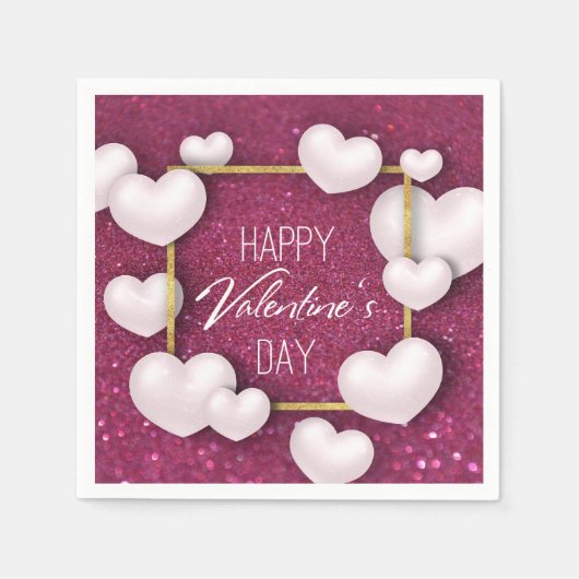 Valentijnsdag White Hearts Glitter Paper Napkin Servet (Voorkant)