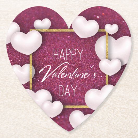 Valentijnsdag White Hearts Glitter Paper Onderzett Kartonnen Onderzetters (Voorkant)