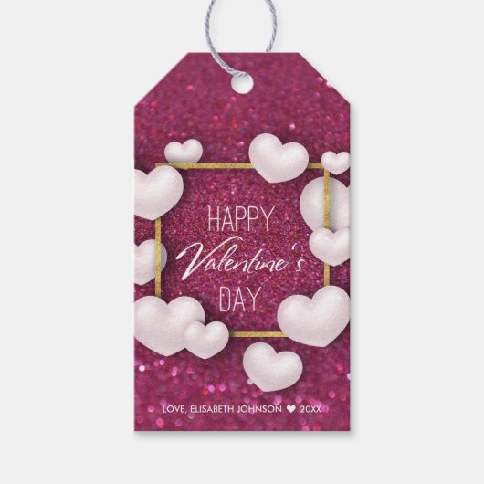 Valentijnsdag Witte Harten Glitter - Gift Label Cadeaulabel (Voorkant)