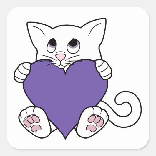Valentijnsdag Witte Kat met Paarse Hart Vierkante Sticker (Voorkant)