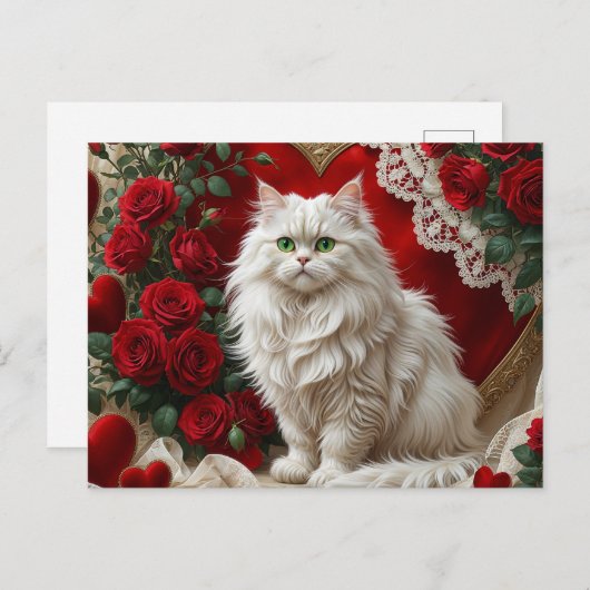 Valentijnsdag Witte Perzische kat met Rozen Feestdagenkaart (Voorkant / Achterkant)