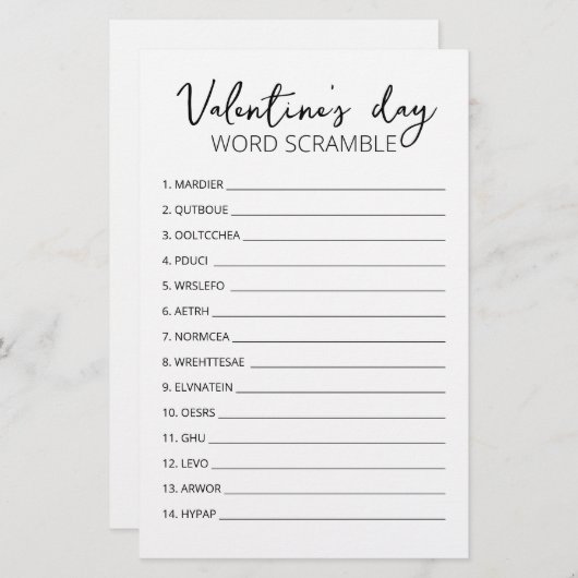 Valentijnsdag Word Scramble Game-game (Voorkant / Achterkant)
