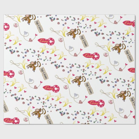 Valentijnsdag Wrapping Papier Aap Bananen Liefde (Vlak)