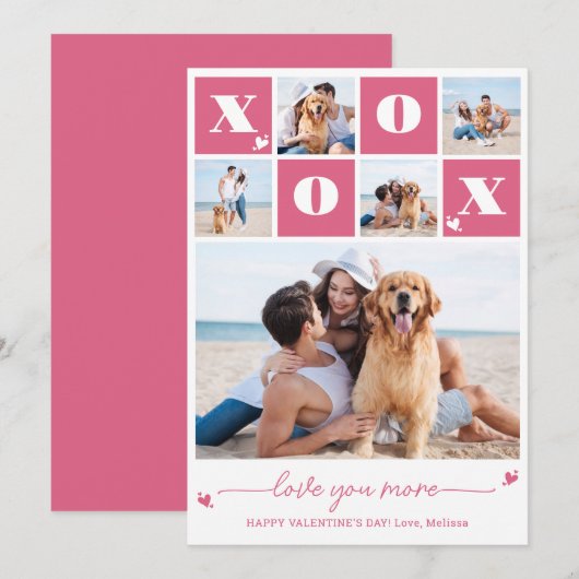 Valentijnsdag XOXO Modern Pink 5 Fotocollage Feestdagenkaart (Voorkant / Achterkant)