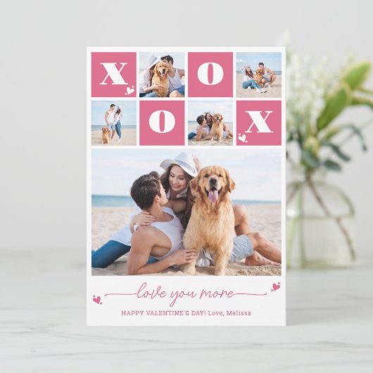 Valentijnsdag XOXO Modern Pink 5 Fotocollage Feestdagenkaart (Staand voorkant)
