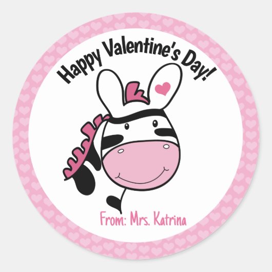 Valentijnsdag Zebra Cute Pink Hearts Ronde Sticker (Voorkant)