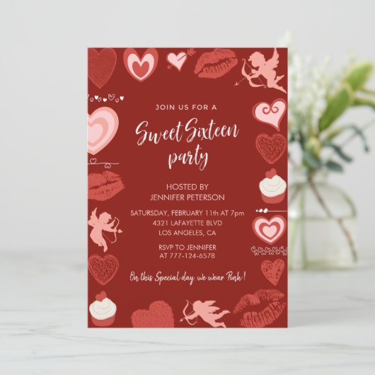 Valentijnsdag zoet 16 uitnodiging Roze Rood hart (Staand voorkant)