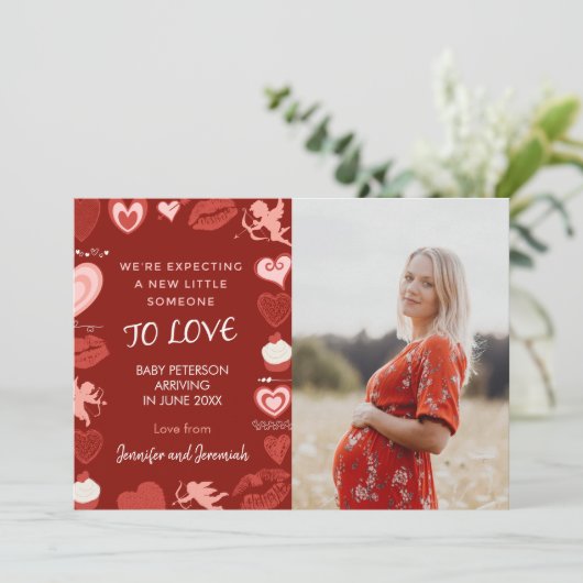 Valentijnsdag zwangerschapsaankondiging harten roo aankondiging (Staand voorkant)