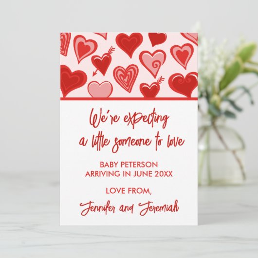 Valentijnsdag zwangerschapsaankondiging rood zoet aankondiging (Staand voorkant)