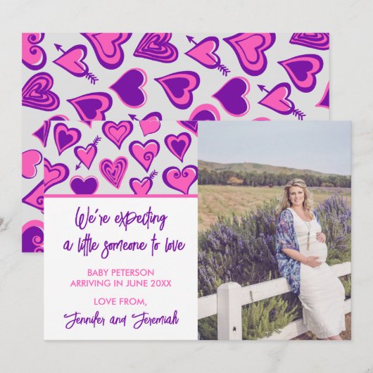 Valentijnsdag zwangerschapsaankondiging roze paars aankondiging (Voorkant / Achterkant)