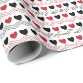 Valentijnsdag Zwart Rood Hart Chevron Stripe Cadeaupapier (Rol Hoek)