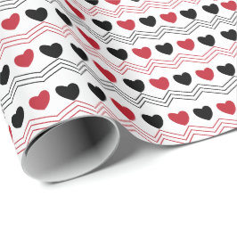 Valentijnsdag Zwart Rood Hart Chevron Stripe Cadeaupapier