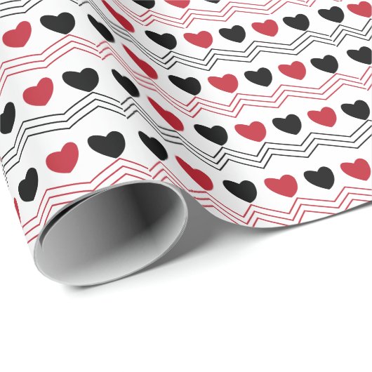 Valentijnsdag Zwart Rood Hart Chevron Stripe Cadeaupapier (Rol Hoek)
