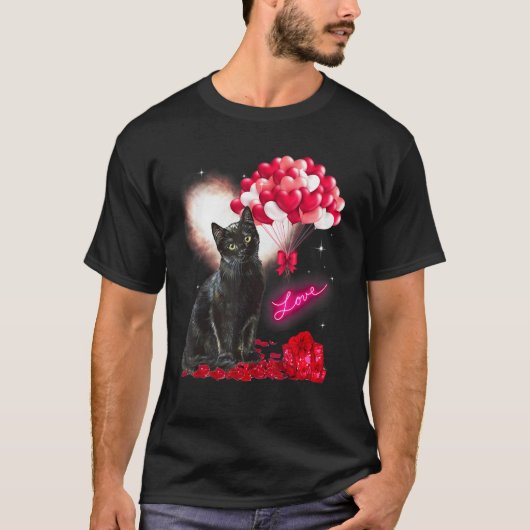 Valentijnsdag zwarte kat hartballon t-shirt (Voorkant)