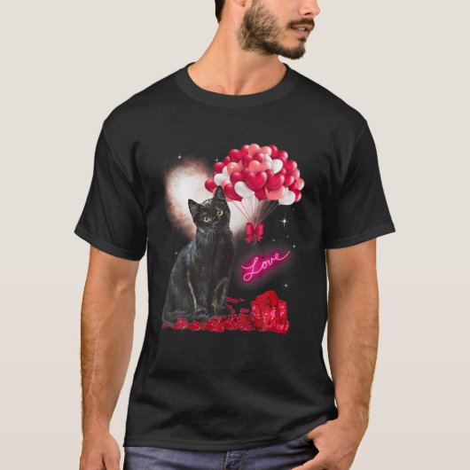 Valentijnsdag Zwarte Kat Lover Heart Ballon Paw C T-shirt (Voorkant)