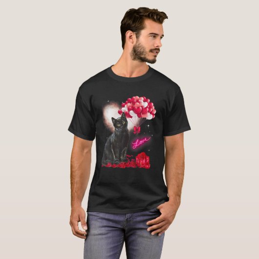 Valentijnsdag Zwarte Kat Lover Heart Ballon Paw C T-shirt (Voorkant volledig)